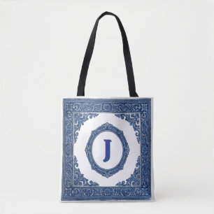 Saco de Linho com Padrão Azulejo e Inicial Persona Tote Bag