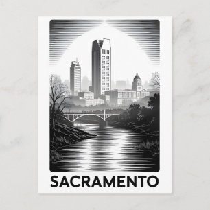 Sacramento California Skyline Black White Woodcut Holiday Postcard
