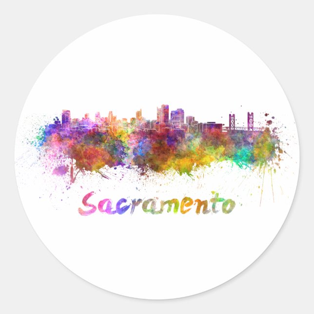Sacramento skyline in watercolor classic round sticker (Front)