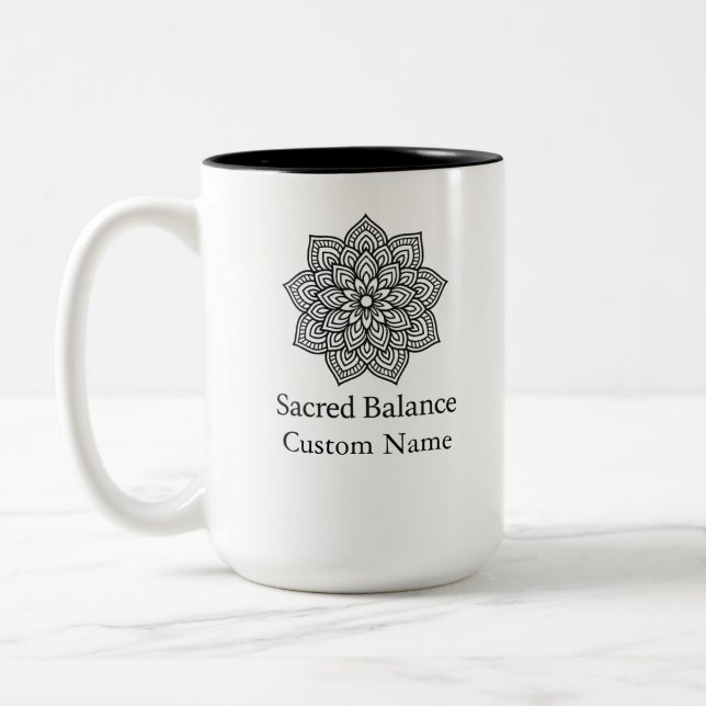 Sacred Balance Minimalist Mandala Two-Tone Coffee Mug (Left)
