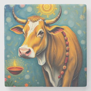 Sacred Cow Diwali Table Accent Stone Coaster
