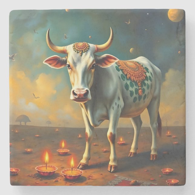 Sacred Cow Diwali Table Accent Stone Coaster (Front)
