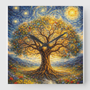 Sacred geometry art  tree square wall clock