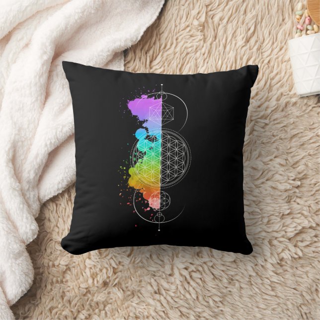 Sacred Geometry – Black with Chakra Colours Cushion (Blanket)