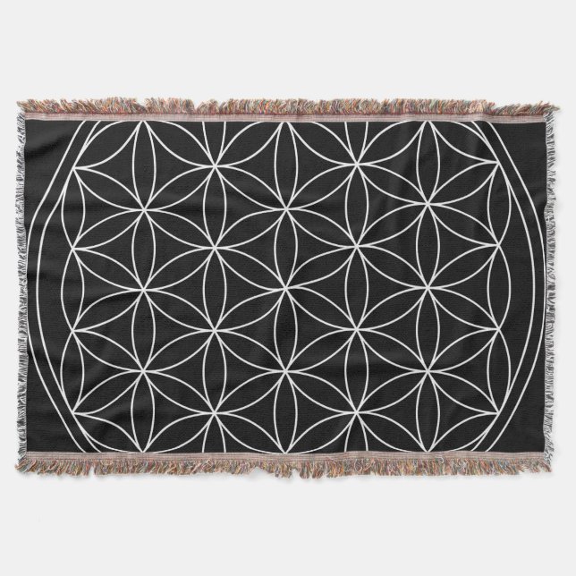 Sacred Geometry : Flower of Life Black & White Throw Blanket (Front)