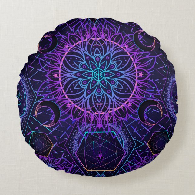 Sacred Geometry seamless pattern. Hindu symbols of Round Cushion (Front)