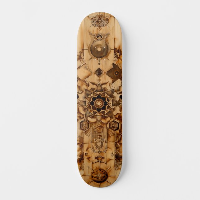 Sacred geometry skateboard, pryrography on wood skateboard (Front)