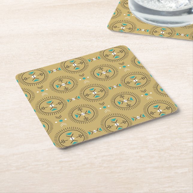 Sacred geometry tribal pattern gold turquoise  square paper coaster (Angled)