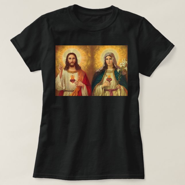 Sacred Heart and Immaculate Heart Picture Jesus an T-Shirt (Design Front)