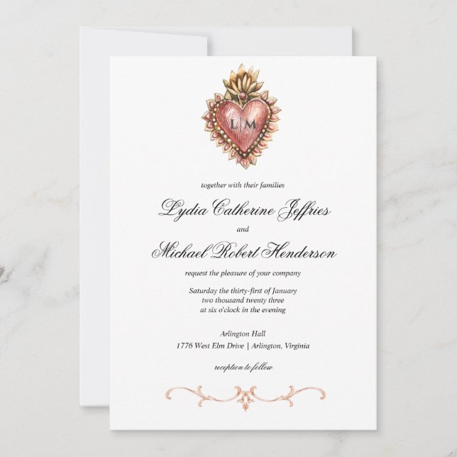 Sacred Heart Crest | Monogram Wedding Invitation (Front)