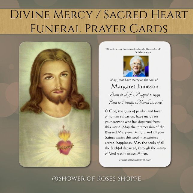 Sacred Heart Jesus Catholic Funeral Holy Card - (Divine Mercy/Sacred Heart Funeral Memorial Prayer Cards - Easy to personalize)