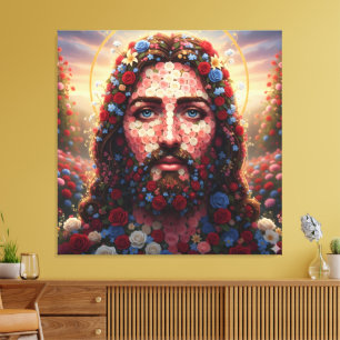 Sacred Heart Jesus Floral Rose Portrait - Premium  Canvas Print