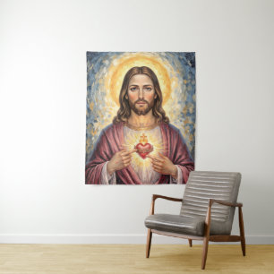 Sacred Heart Jesus Gold Frame Painting Impasto Tapestry