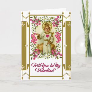Sacred Heart Jesus Valentine Flowers Gold Border Holiday Card