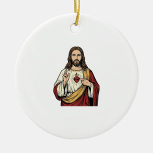 Sacred Heart Jesus Vintage Engraving Vector Art_1 Ceramic Tree Decoration