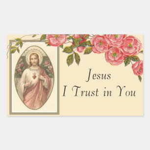 Sacred Heart of Jesus Floral Border Rectangular Sticker