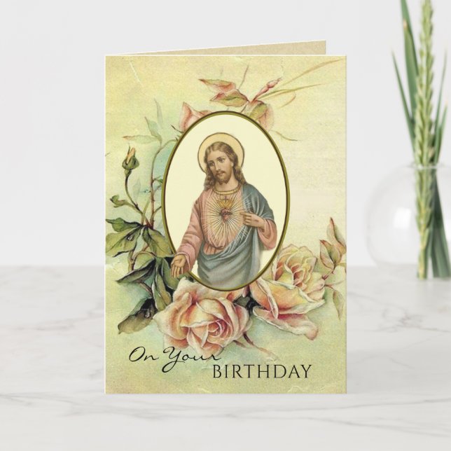 Sacred Heart of Jesus Religious Birthday Roses Card (Front)