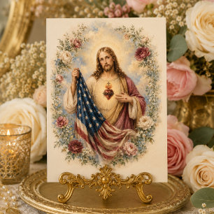 Sacred Heart of Jesus with American Flag Catholic Card