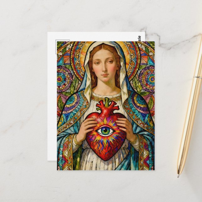 Sacred Heart Of Mary Protection From Evil Postcard (Front/Back In Situ)
