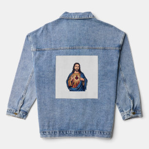 Sacred Heart Vintage Engraving Religious Vector De Denim Jacket