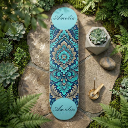 Sacred Mandala Navy Blue Teal Damasks Spirituality Skateboard