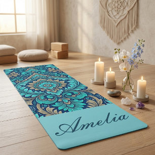 Sacred Mandala Navy Blue Teal Damasks Spirituality Yoga Mat