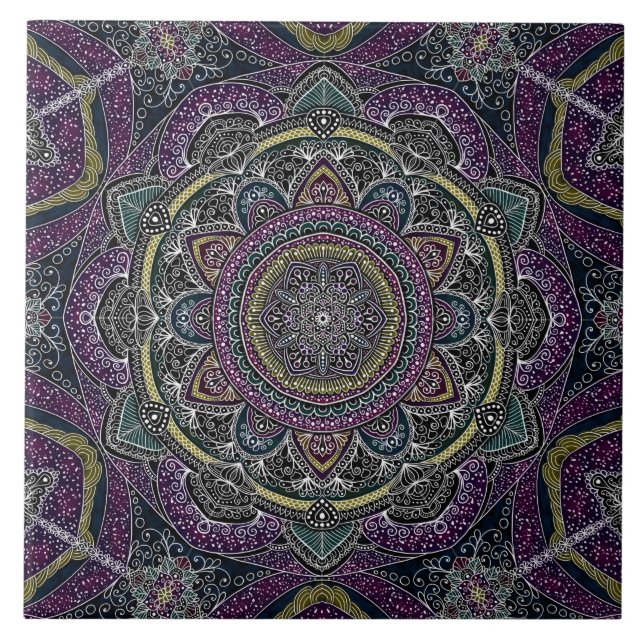 Sacred mandala stars and lace purple and black tile (Front)