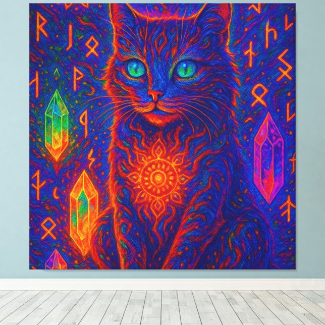 Sacred Neon Cat Canvas Print (Insitu(Wood Floor))