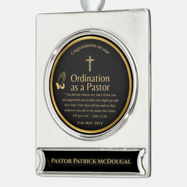 Sacred Newly Ordained Pastor Bible Verse Custom Silver Plated Banner Ornament (Left)
