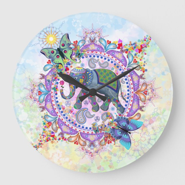 Sacred Tribal Henna Elephant large clock (Front)