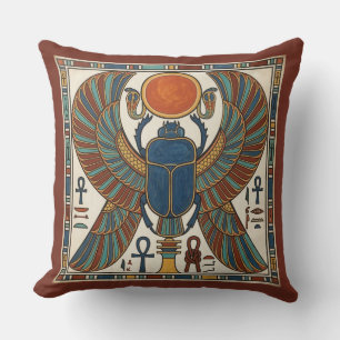 Sacred Winged Scarab of Khepri: Egyptian Revival Cushion