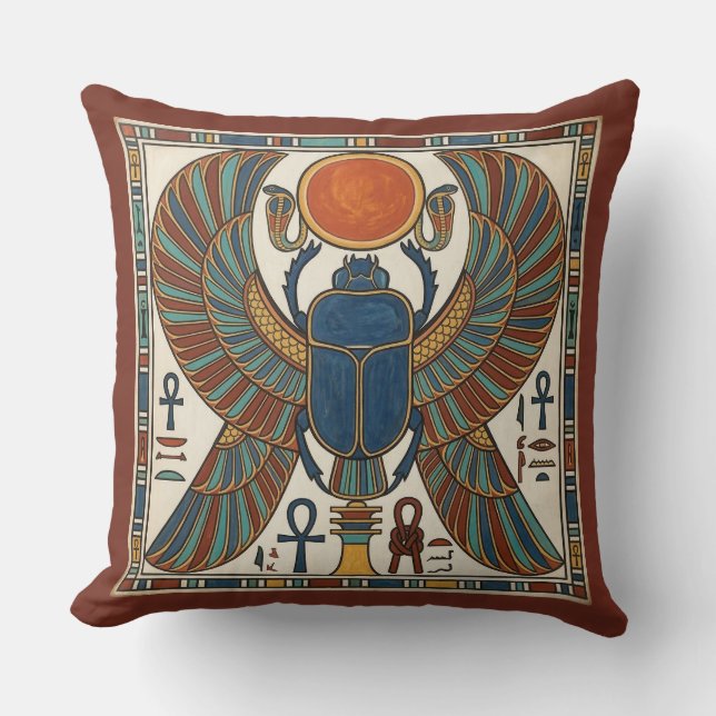 Sacred Winged Scarab of Khepri: Egyptian Revival Cushion (Front)