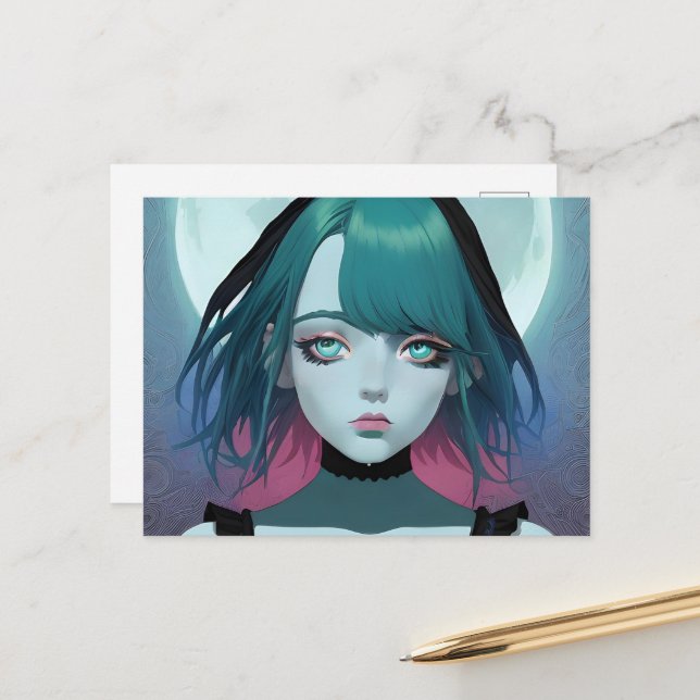 Sad Anime Woman Blue Eyes Postcard (Front/Back In Situ)