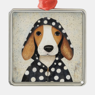 Sad Beagle Puppy in Polka Dot Hoodie Metal Tree Decoration