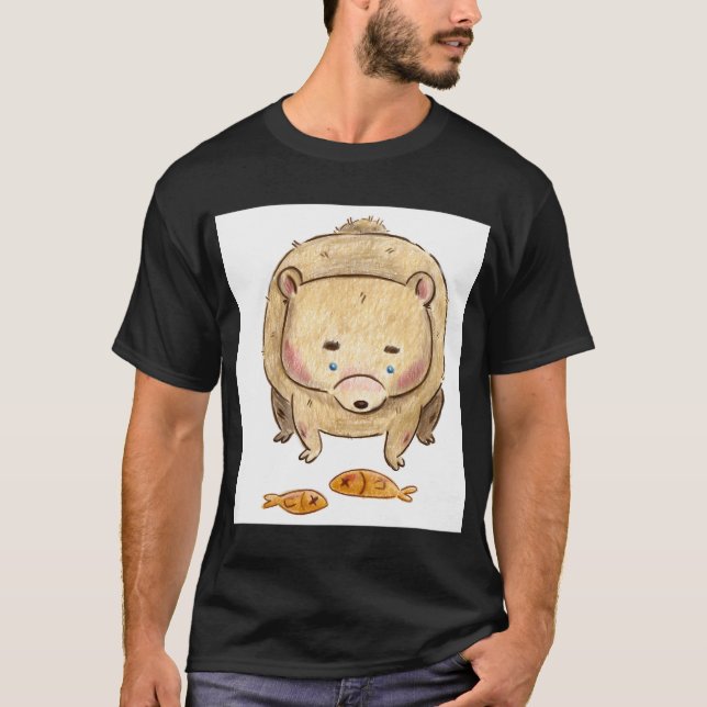 Sad Bear With Fish Illustration T-Shirt (Front)