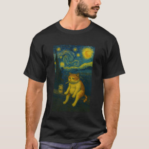 Sad Beer Cat in Starry Night Smoking Cat Meme T-Shirt