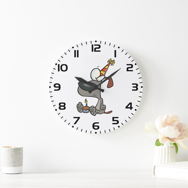 Sad Birthday Dog Cartoon with Cupcake Large Clock (Creator Uploaded)