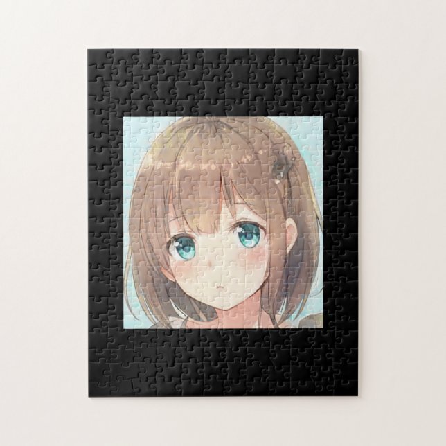 Sad brown hair girl emerald green eyes anime manga jigsaw puzzle (Vertical)