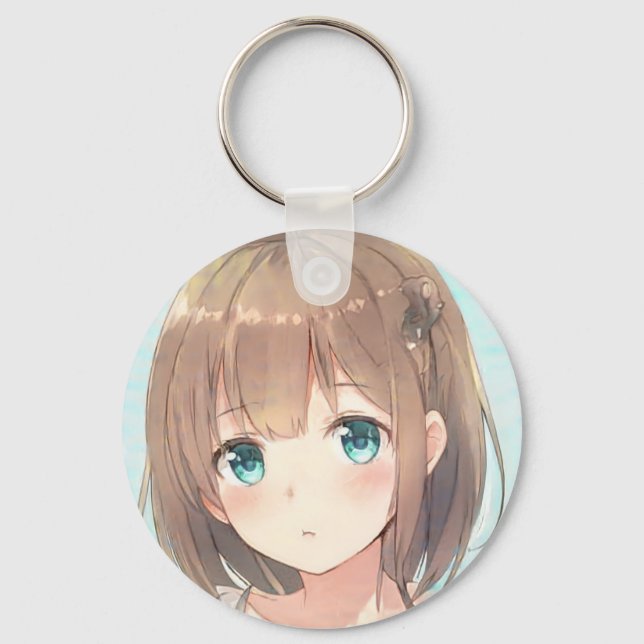 Sad brown hair girl emerald green eyes anime manga key ring (Front)