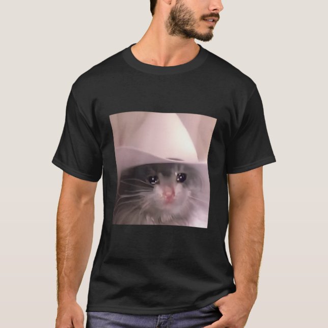 Sad Cat Cowboy Hat T-Shirt (Front)