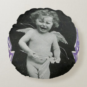 Sad Cherub Angel Print Round Cushion