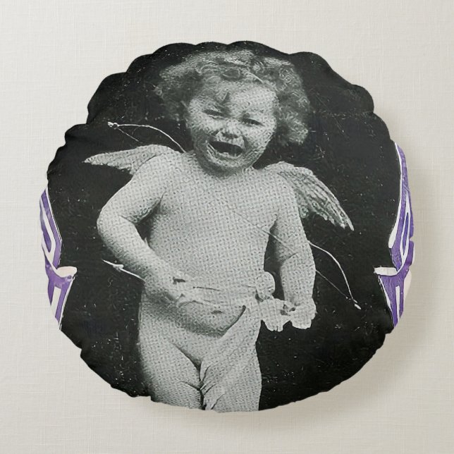 Sad Cherub Angel Print Round Cushion (Front)