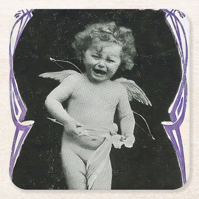 Sad Cherub Angel Print Square Paper Coaster (Front)