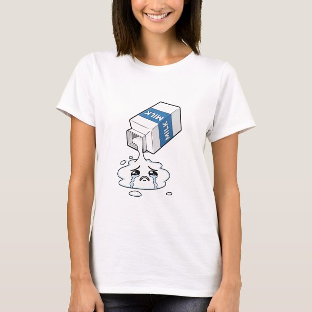 Sad Crying Spilled Milk Carton Puddle Character T-Shirt (Front)