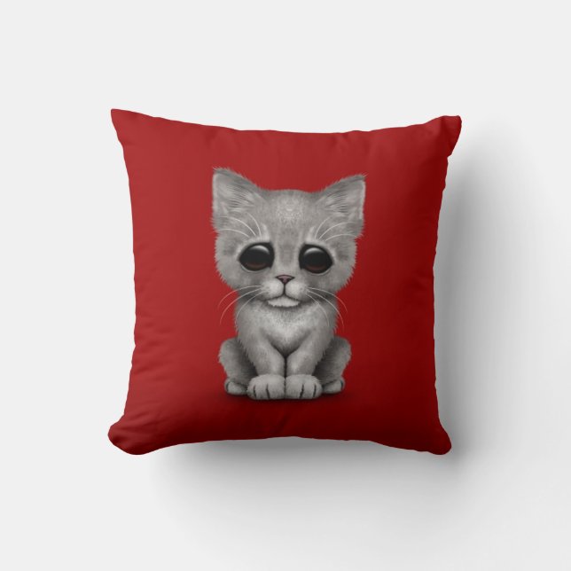 Sad Cute Grey Kitten Cat on Red Cushion (Front)