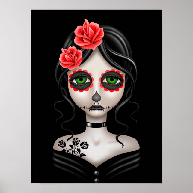 Sad Day of the Dead Girl on Black Poster (Front)