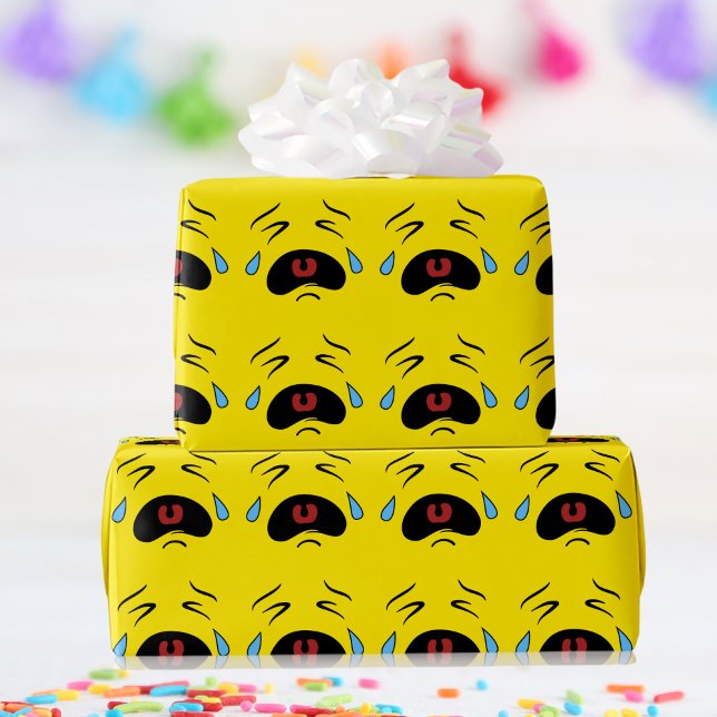 Sad Face Emoji Wrapping Paper (Funny Emoticon Super Sad Face Crying Emoji Wrapping Paper)
