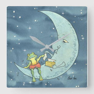 Sad Frog on Moon Acrylic Wall Clock, Square Clock