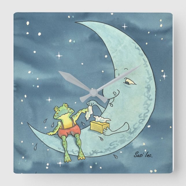 Sad Frog on Moon Acrylic Wall Clock, Square Square Wall Clock (Front)