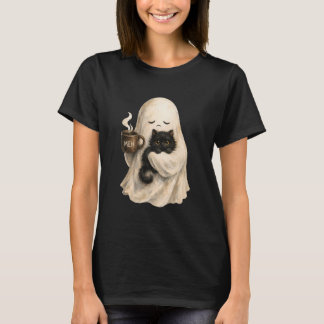 Sad Ghost Holding Black Cat Coffee Halloween Art T-Shirt